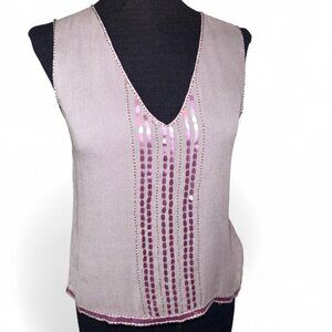 DKNY Lilac Silk Sheer Beaded V-Neck Tank Size Small